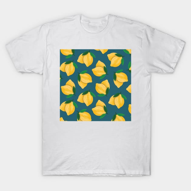 Lemon Pattern Blue Green Background T-Shirt by TheMoodyDecor